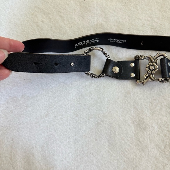 Black Leather & Pewter adjustable belt floral crystals heavier statement piece - Picture 4 of 9